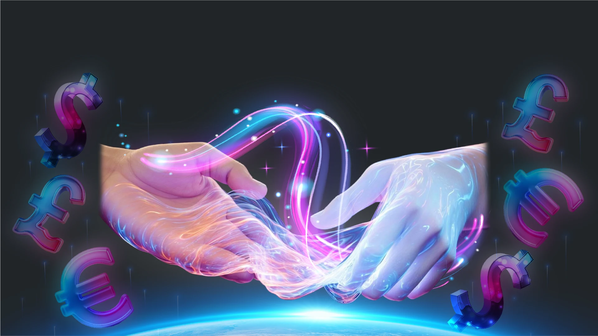 Glowing partnership hands with global business symbols